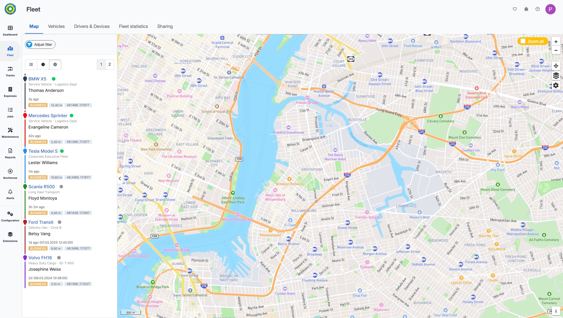MyCarTracks fleet dashboard showing live map and vehicle list.