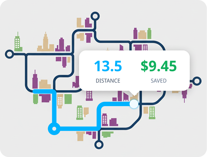 Illustration of a tracked route with distance and savings card.