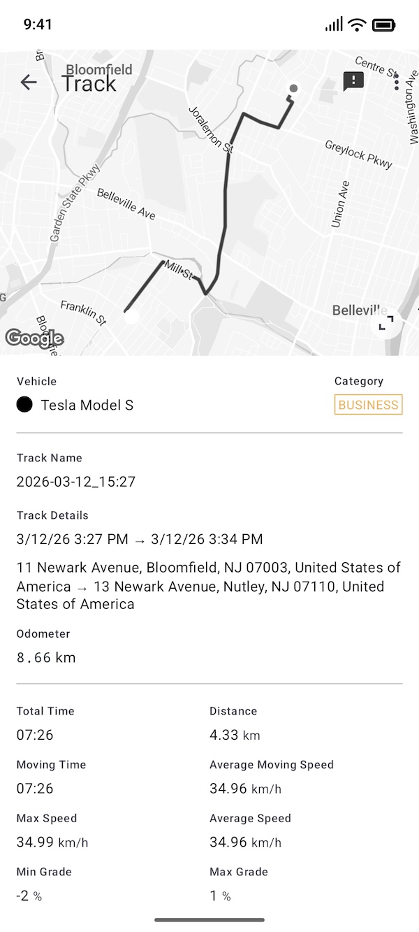 Mileage trip detail inside the MyCarTracks app