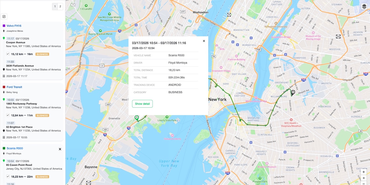 Selected track in MyCarTracks web dashboard