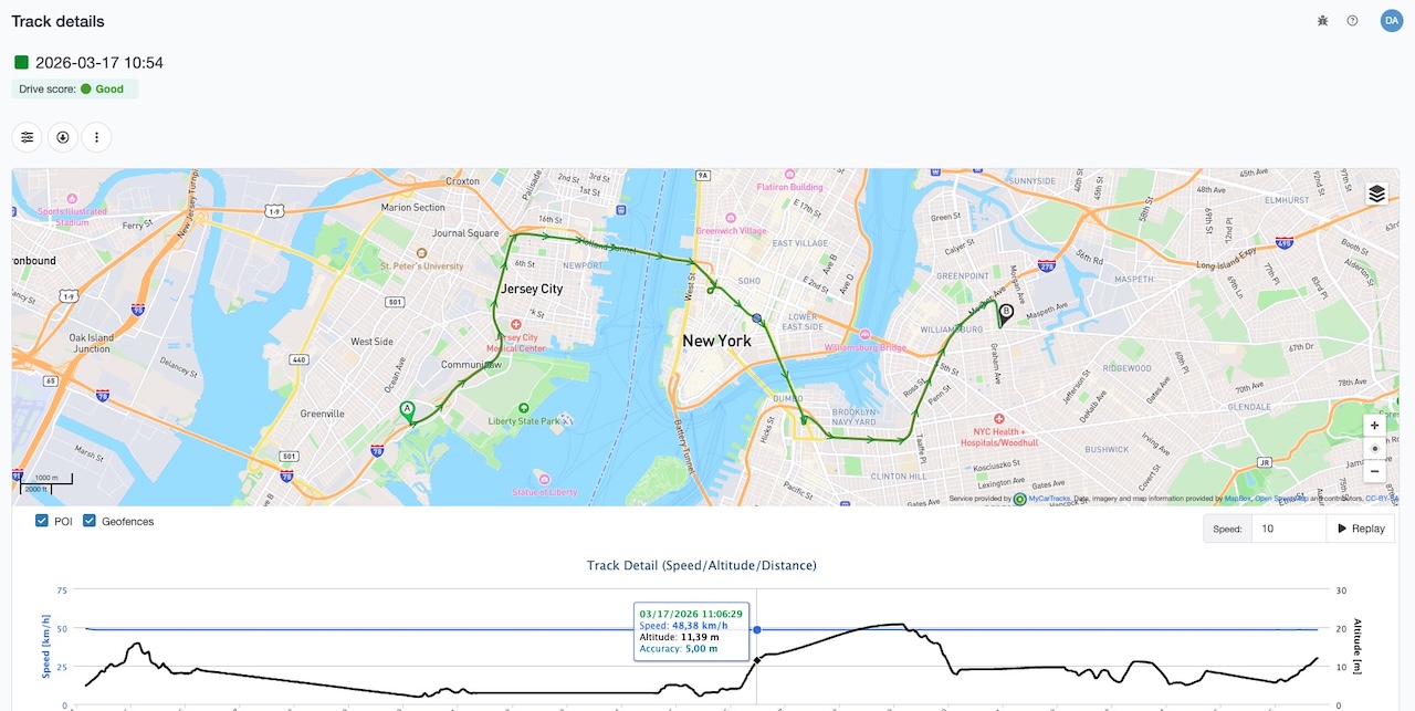 Track detail page in MyCarTracks web dashboard