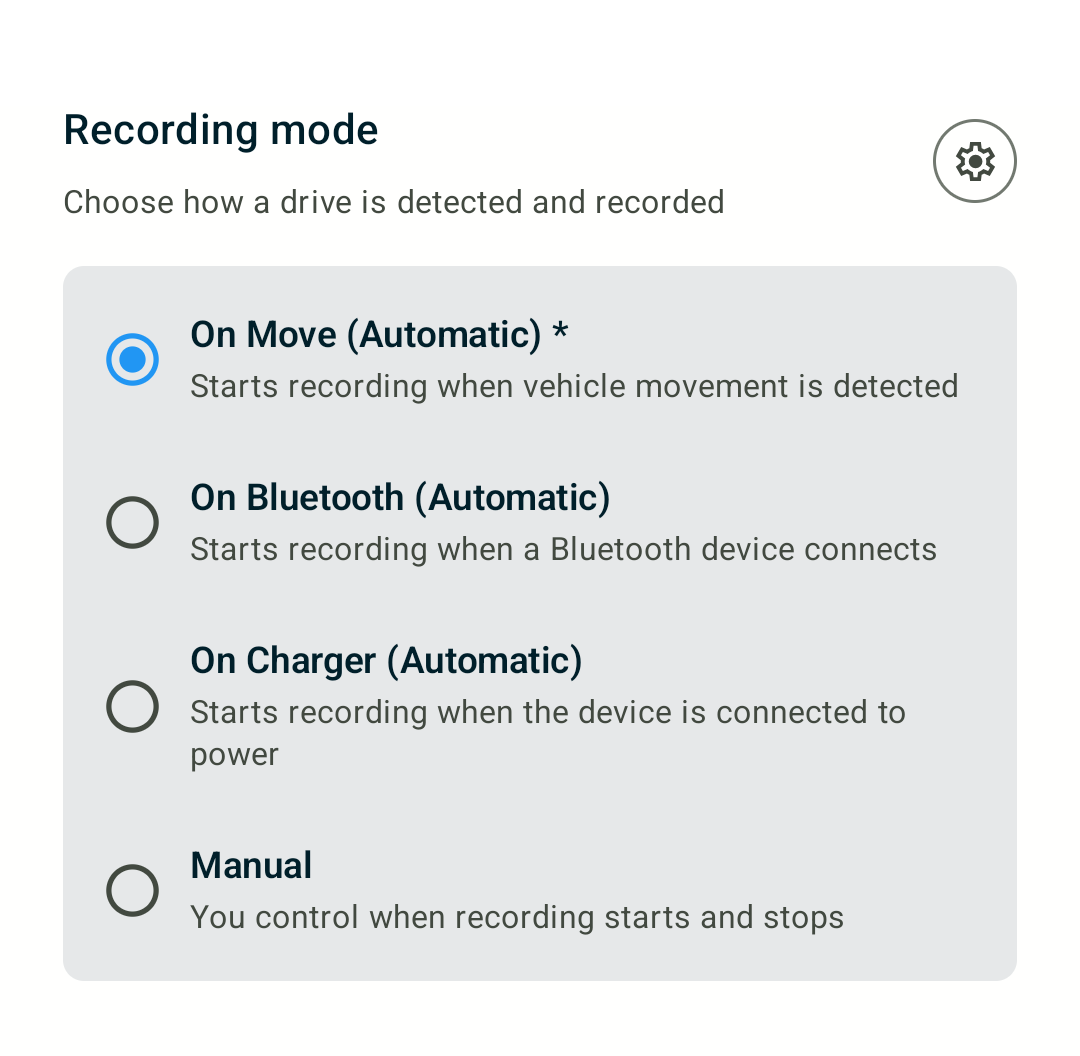 Screenshot of MyCarTracks recording mode settings with automatic, Bluetooth, charger, and manual tracking options.