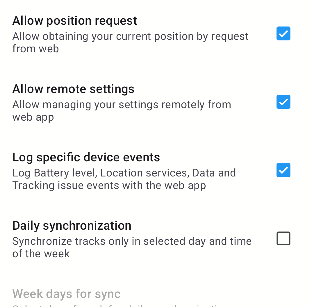 Screenshot of MyCarTracks privacy settings with location request, remote settings, device event logs, and synchronization controls.
