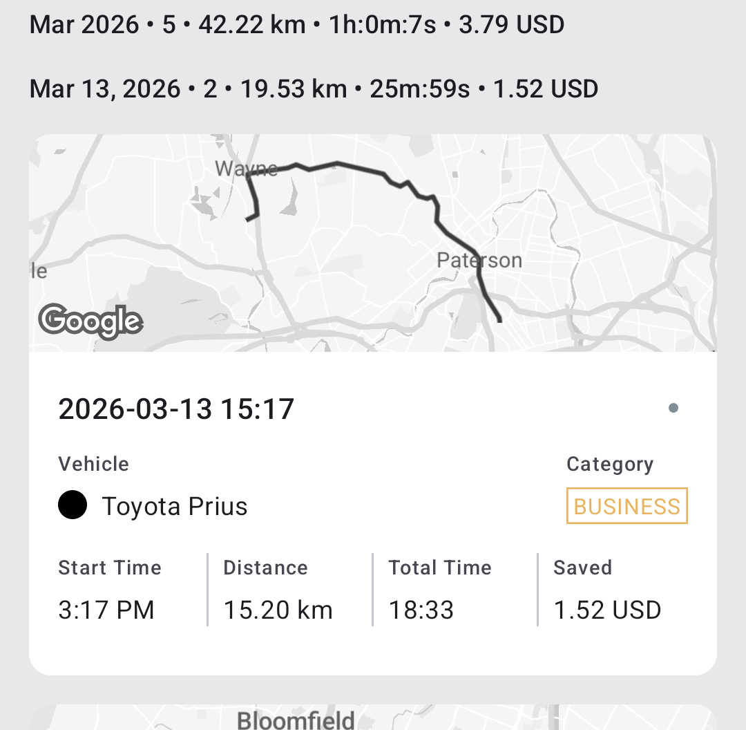 Screenshot of MyCarTracks trip map with route preview, trip details, and business category label.