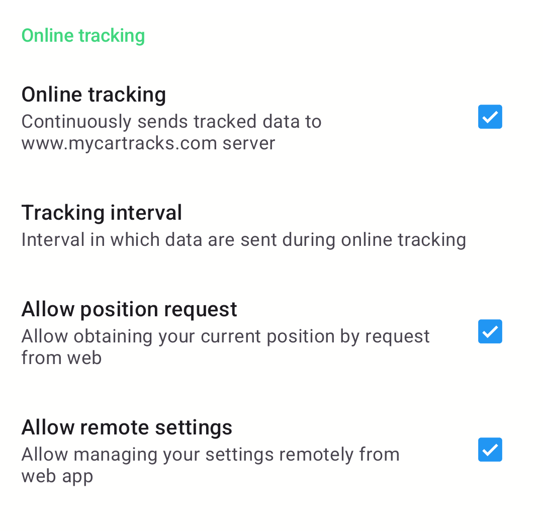 Screenshot of MyCarTracks online tracking settings with sync, location request, and remote web access options.