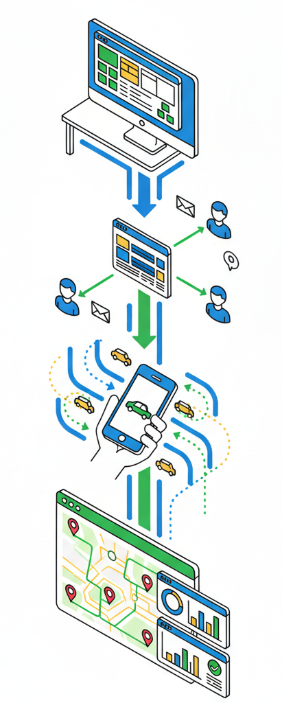 Illustration of the MyCarTracks vehicle tracking setup flow.