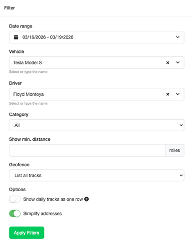 Mileage log filter popup for report refinement
