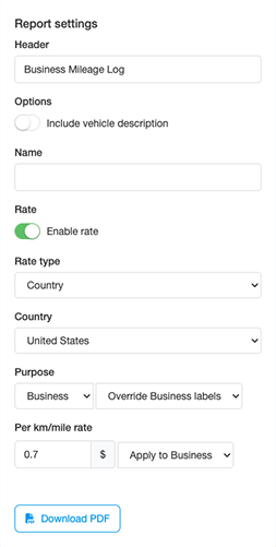 Report settings popup for mileage log exports