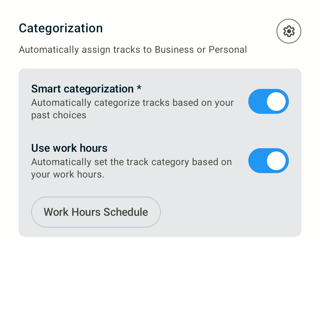 MyCarTracks categorization screen showing smart categorization and work-hours settings for business and personal trips