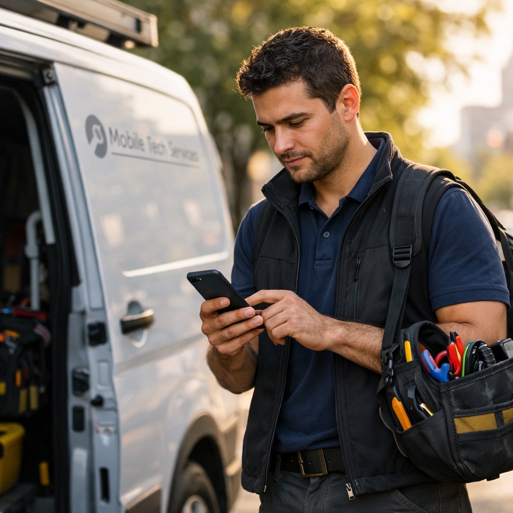 Self-employed field technician checking MyCarTracks on a smartphone beside a work van