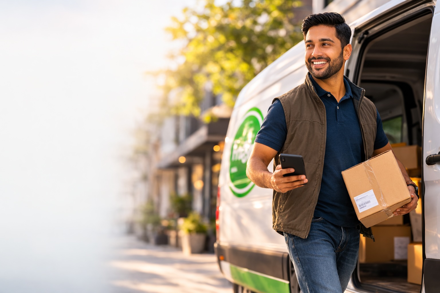 Delivery driver with van and package.